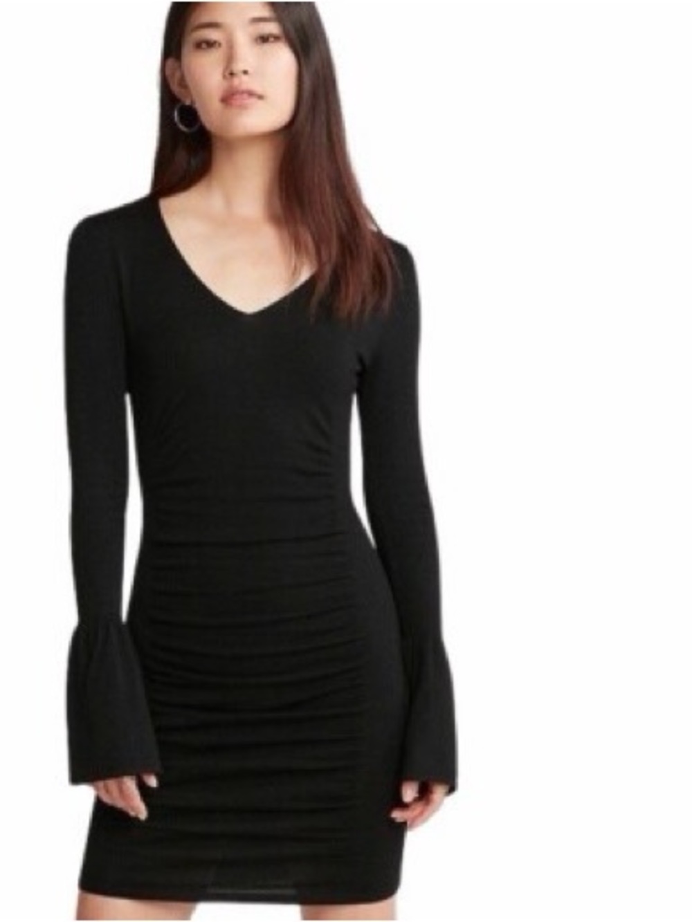 Express Black Long-Sleeve V-Neck Ruched Sweater Dress XS